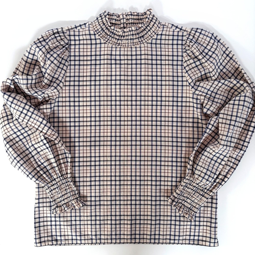 Ann Taylor Plaid Smocked Mock Neck Ruffle Blouse XS Light Academia Preppy Fall